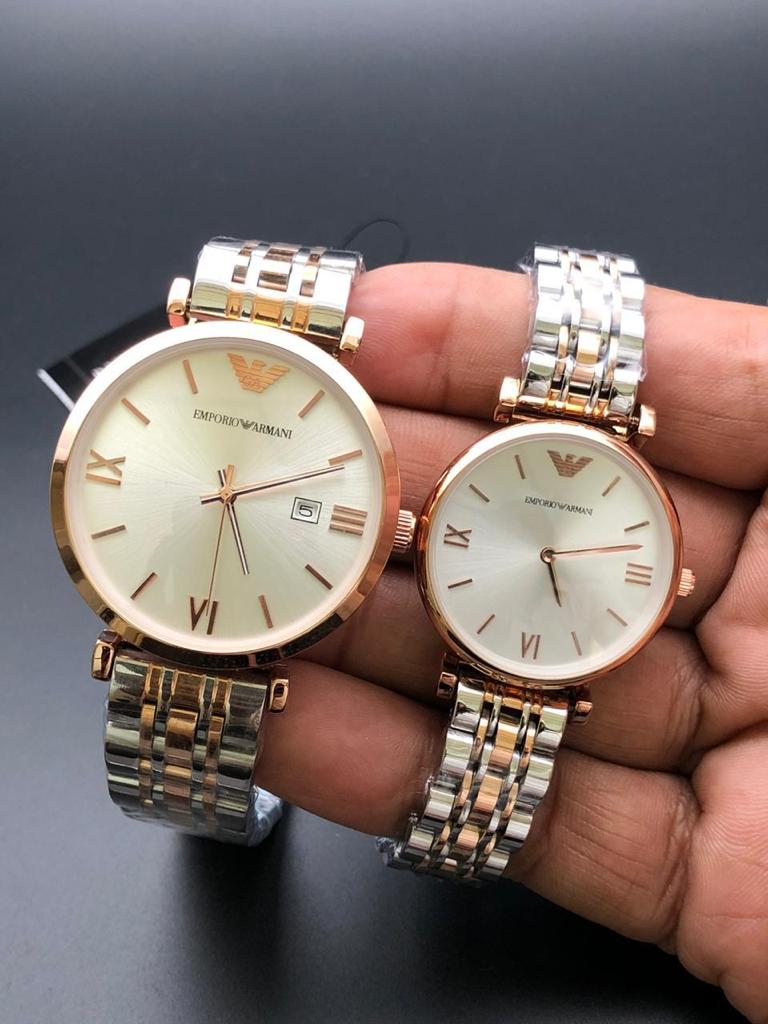 Emporio Armani Silver And Rose Gold Chain Couple Watch